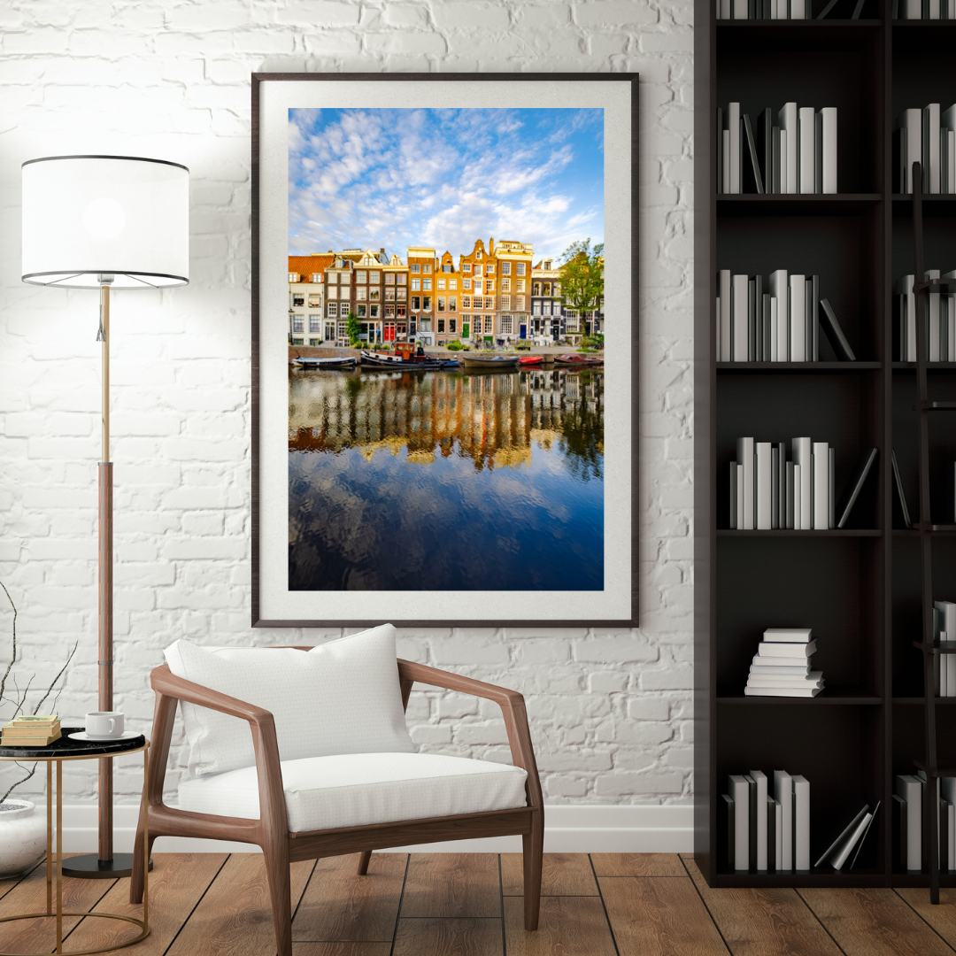 Large framed photograph of houses on water in Amsterdam  