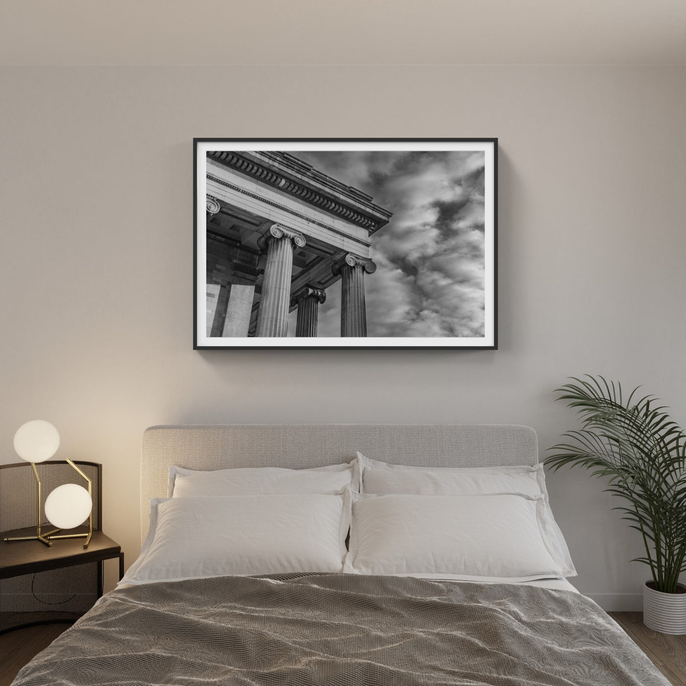 Greek inspired historic building and cloudy sky photo in bedroom