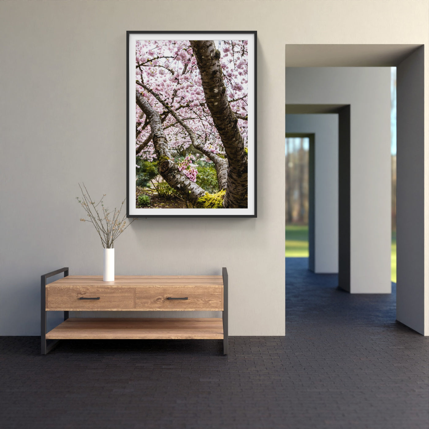 Pink cherry blossom trees photo in house