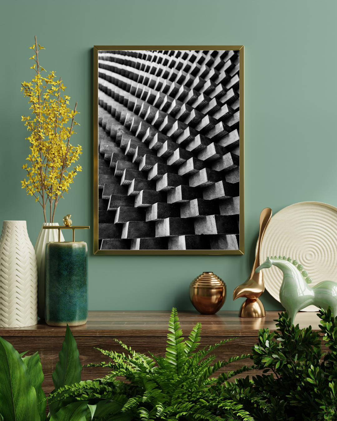 Gold framed photograph of abstract pattern in room