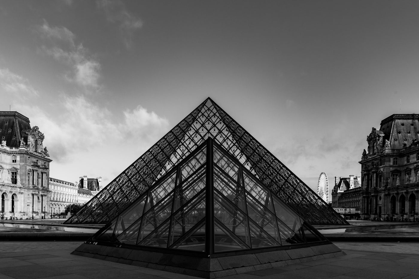 Louvre Pyramid in black and white