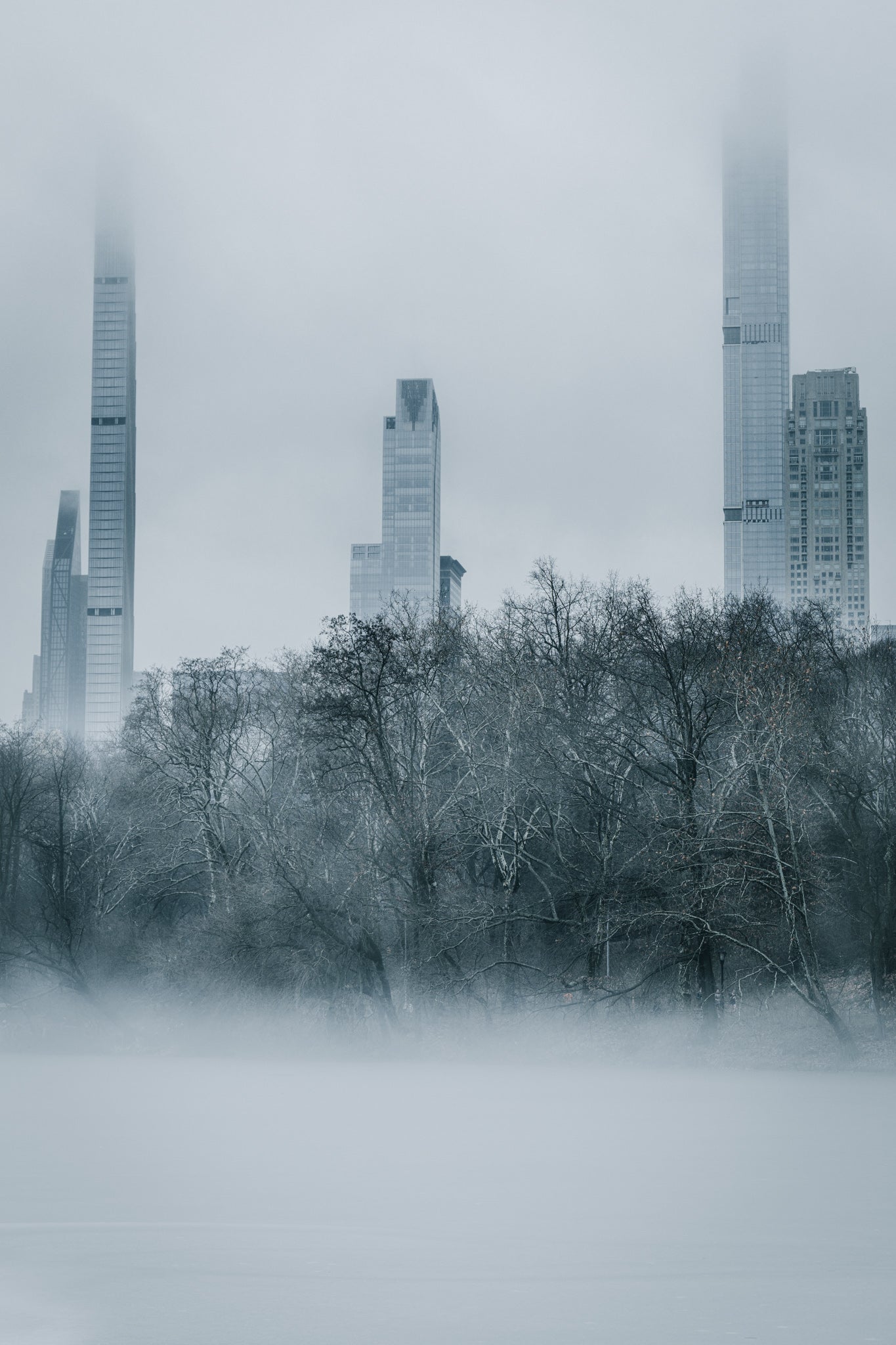 Fog covering central park with buildings in the distance