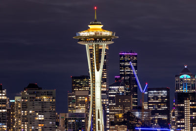 Seattle Space Needle at night with the city skyline