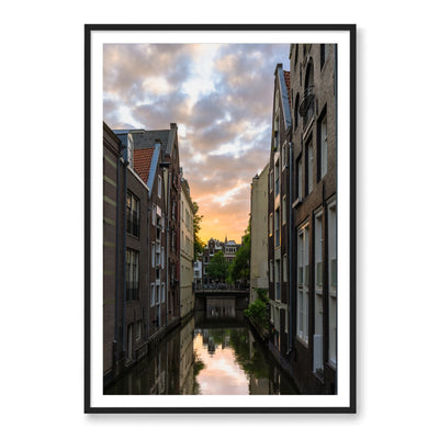 Black framed photograph of a canal in Amsterdam