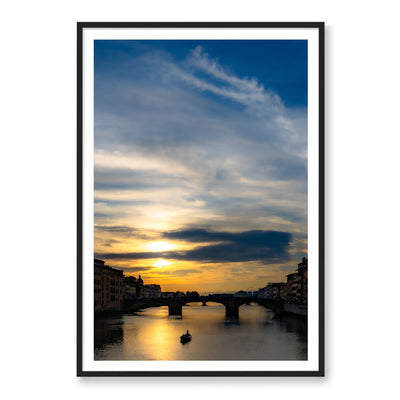 Black framed fine art photograph of sunset over river and bridge