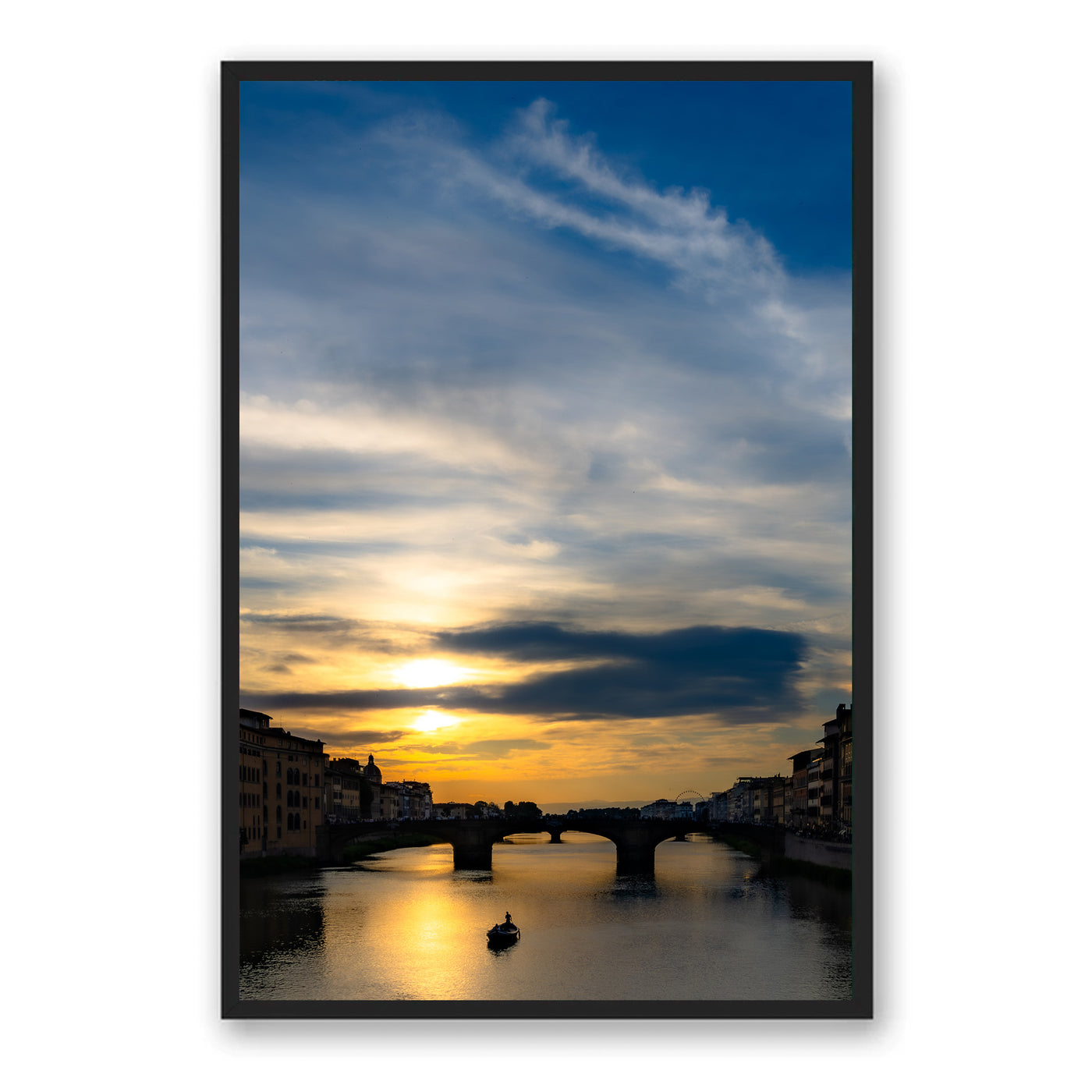 Black framed fine art photograph of sunset over river and bridge in Florence