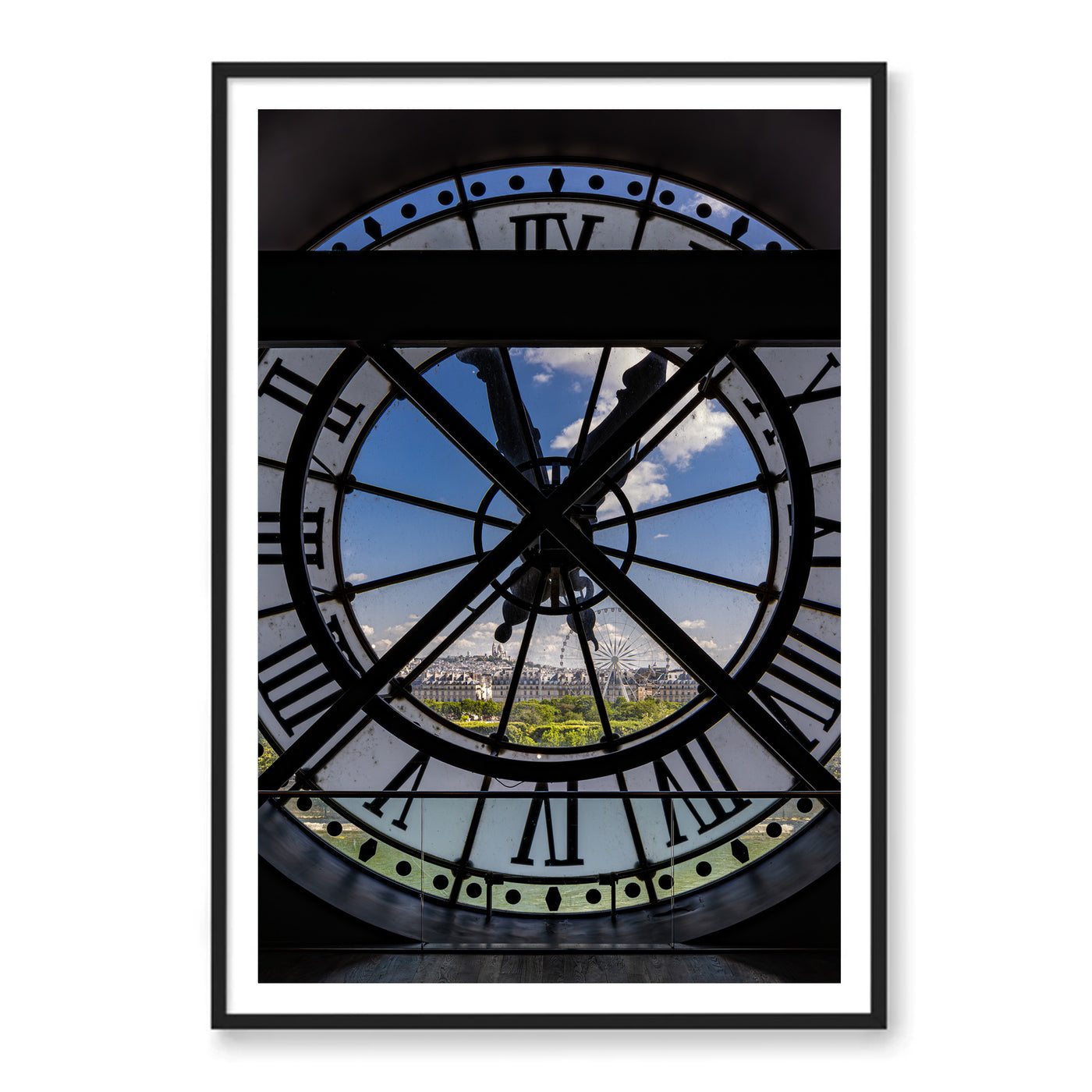 Black framed photo of large clock