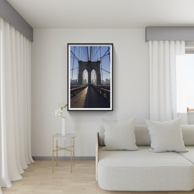 Framed photo of the Brooklyn Bridge in a living room